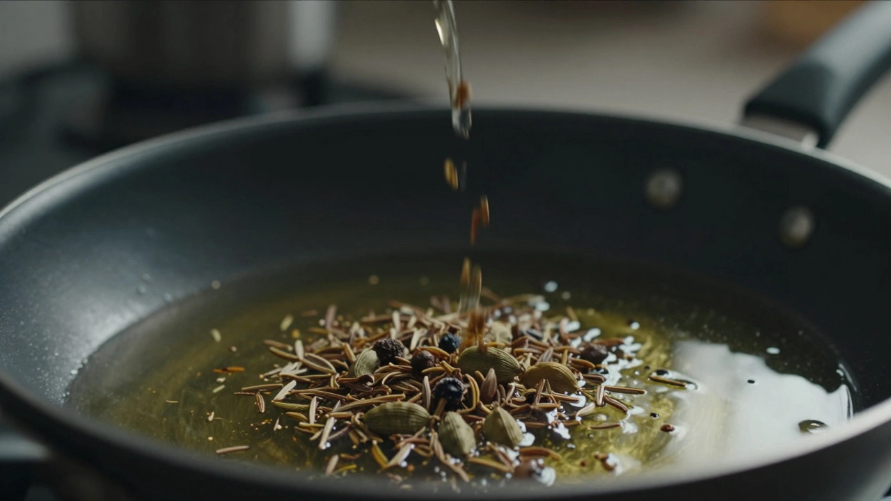 Spices added to cold oil without sizzling for proper blooming
