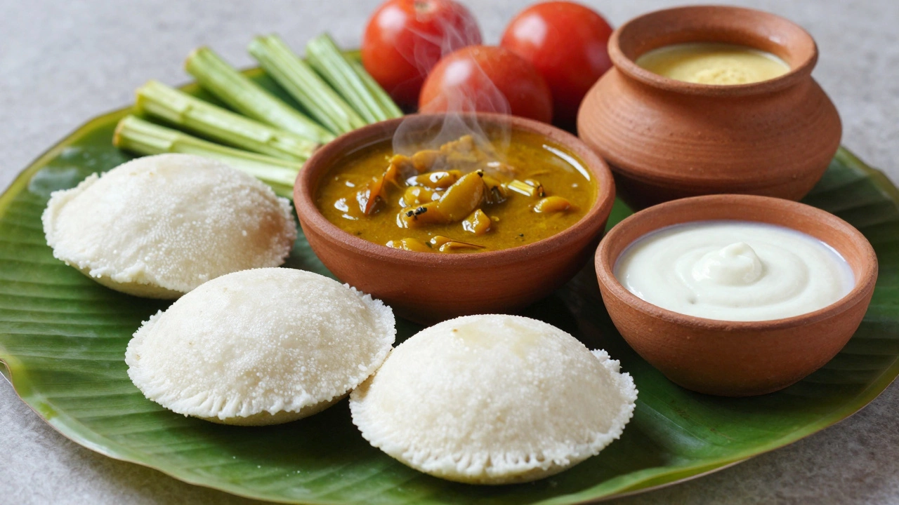 Steamed idlis with sambar and coconut chutney on a banana leaf, representing a nourishing South Indian breakfast.
