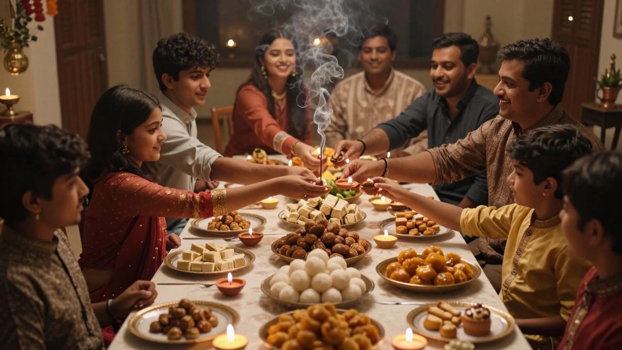A family sharing traditional Indian sweets at a Diwali celebration with candlelight and incense.