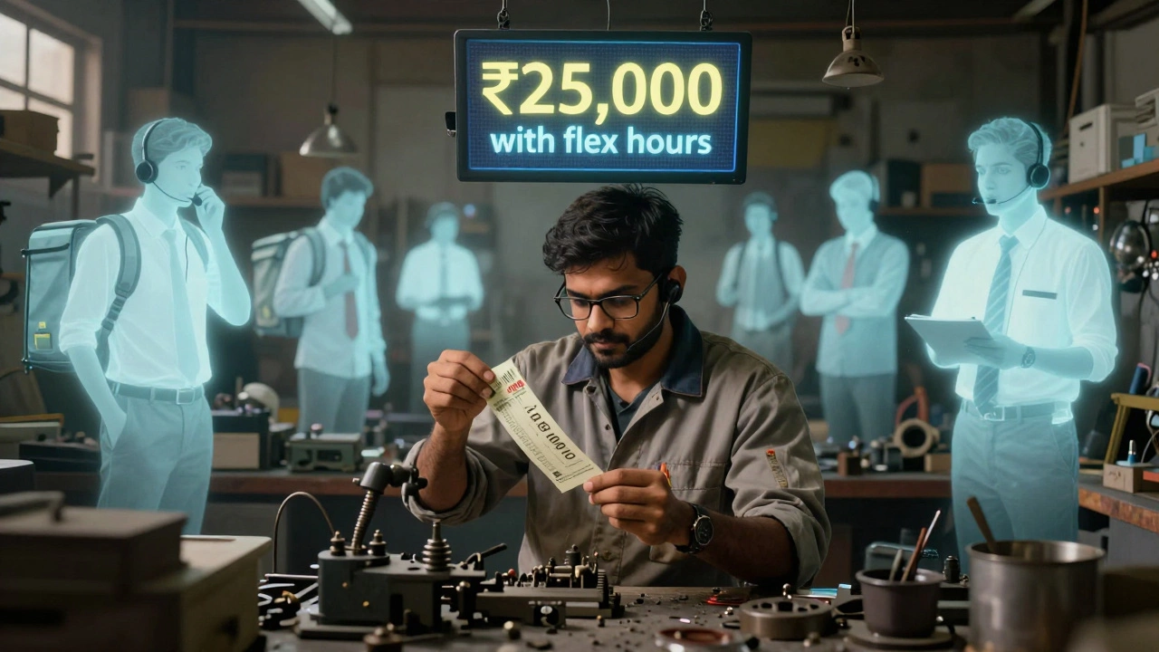 A skilled machinist surrounded by ghostly figures of gig workers, representing the exodus of talent from manufacturing jobs in India.