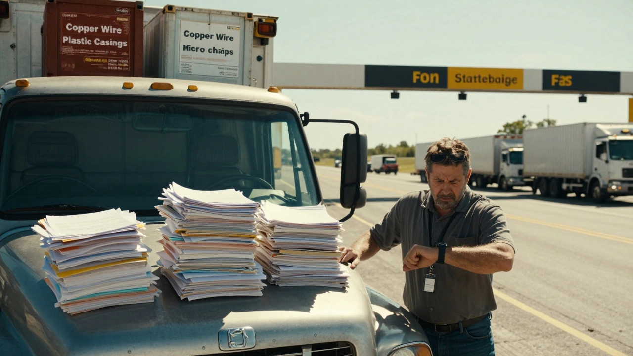 A truck stalled at a state border checkpoint with piles of paperwork, symbolizing delays in India's manufacturing supply chains.