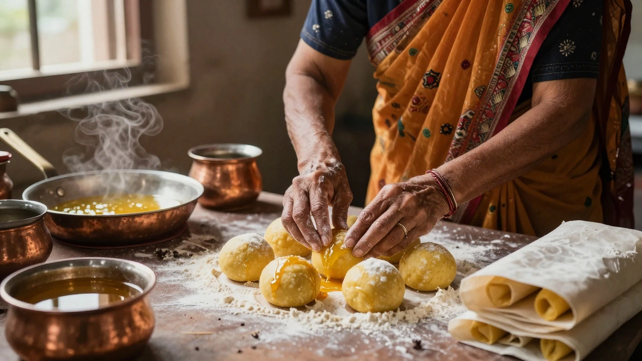 An elderly woman shaping sweet ladoos in a warm kitchen with copper pots and flour-dusted hands.