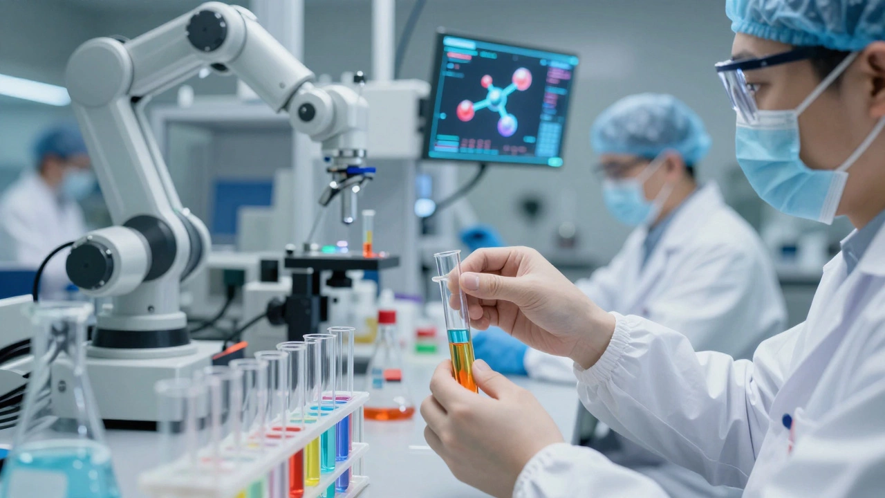Chemists working in a high-tech laboratory analyzing samples.