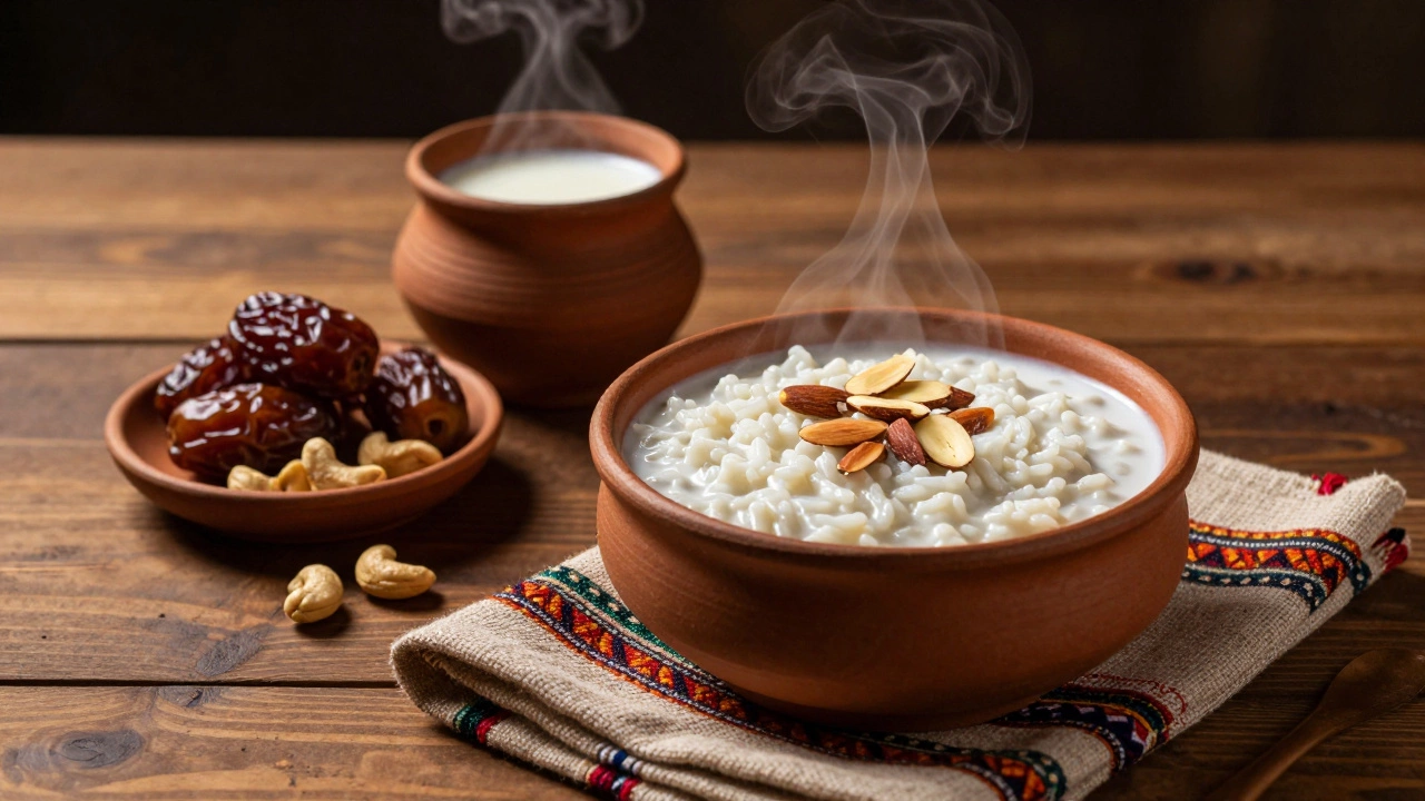 Coconut rice pudding and masala milk served with dates and cashews at dusk.