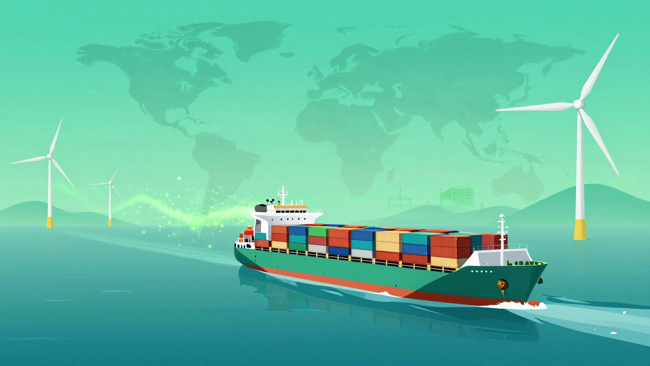 Eco-friendly cargo ship sailing near wind turbines conceptually.