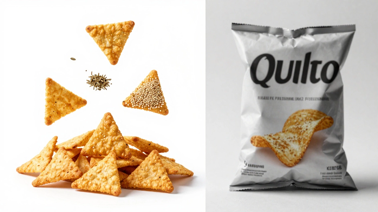 Golden triangle snacks beside processed chips, highlighting natural ingredients versus additives.