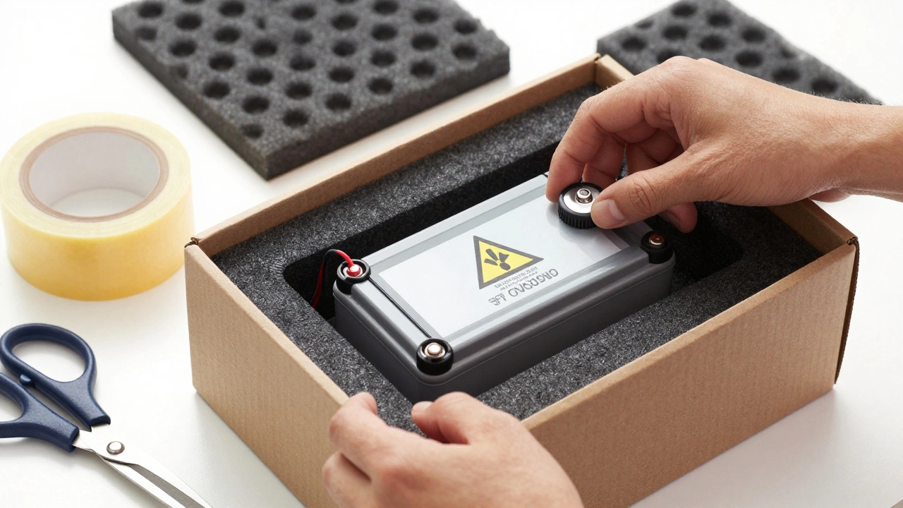 Hands packing lithium battery into protective shipping container.