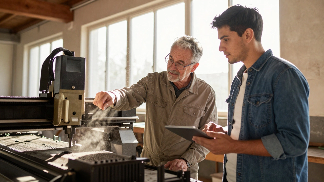Older worker guiding younger trainee on industrial equipment