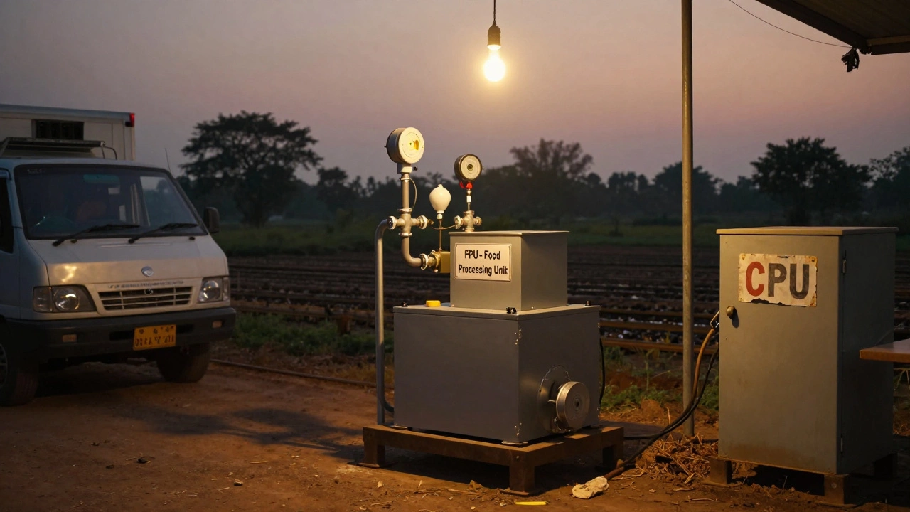 Rural Indian coconut oil plant with new FPU unit illuminated at dusk, contrasting with old CPU-labeled equipment.