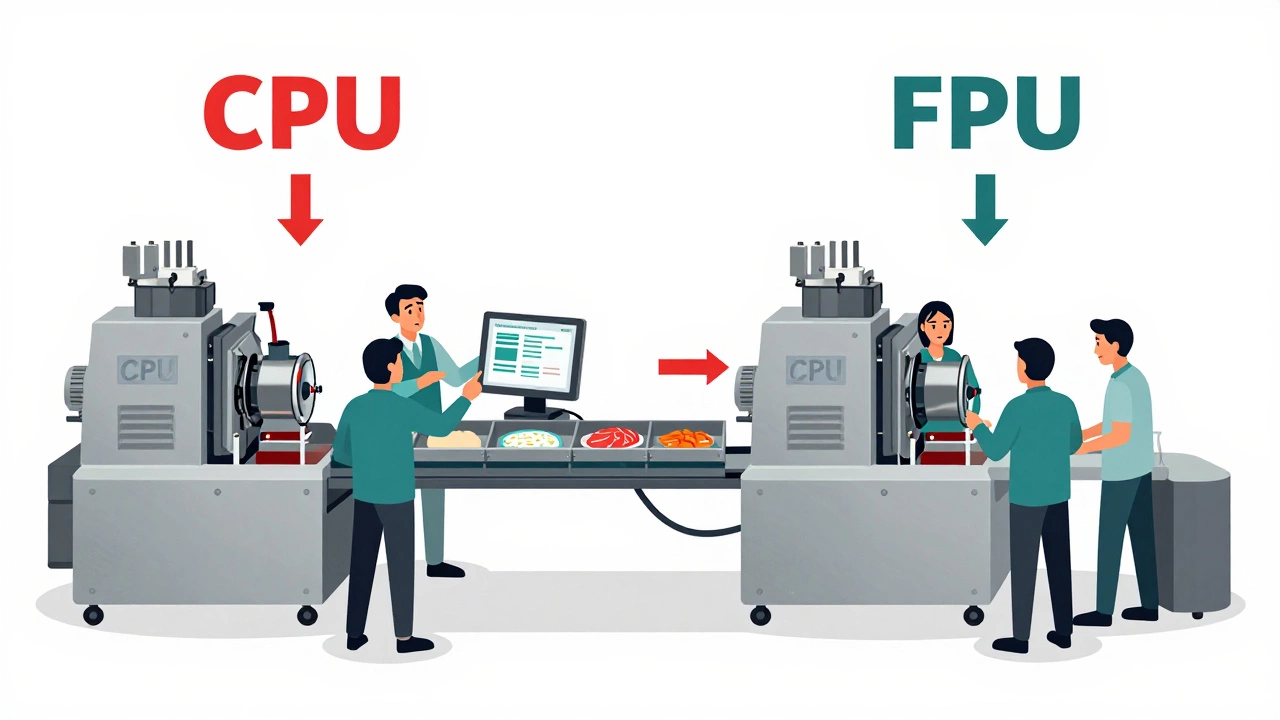 Technical diagram comparing outdated CPU labeling with new FPU labeling in food machinery, showing clear distinction between hardware and control systems.