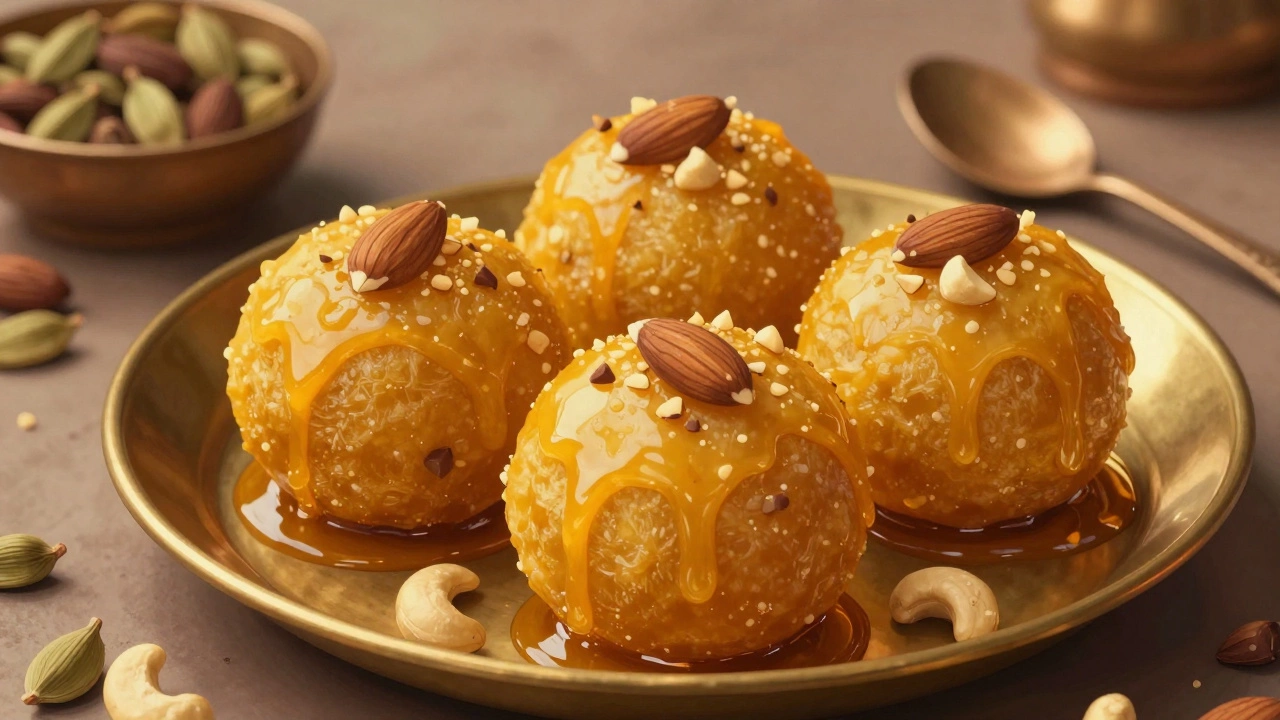 Three ghee-coated besan ladoos on a brass plate with crushed nuts.