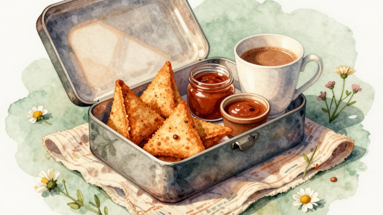 Traditional Indian lunchbox with crispy triangle snacks, chutney, and chai under soft sunlight.