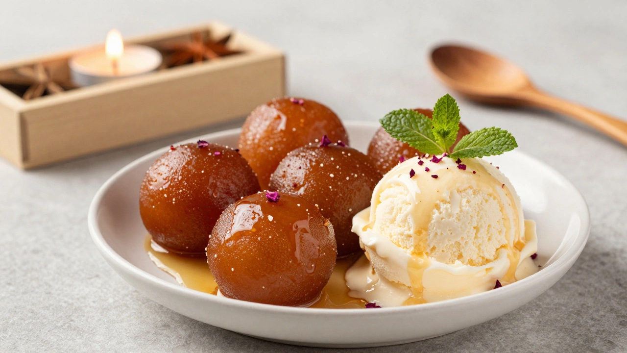 Warm gulab jamun with vanilla ice cream, drizzled in syrup and garnished with mint.