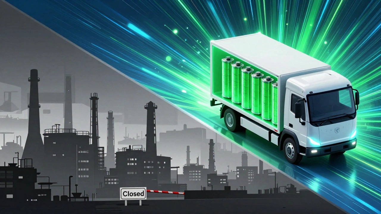 A conceptual split image showing a closing factory and a futuristic electric vehicle.