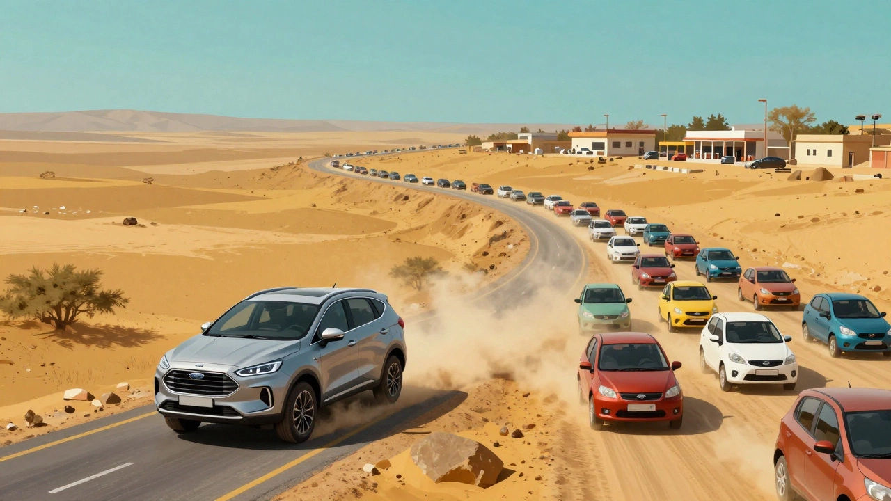 A premium car contrasted with a stream of small, budget-friendly cars on an Indian road.