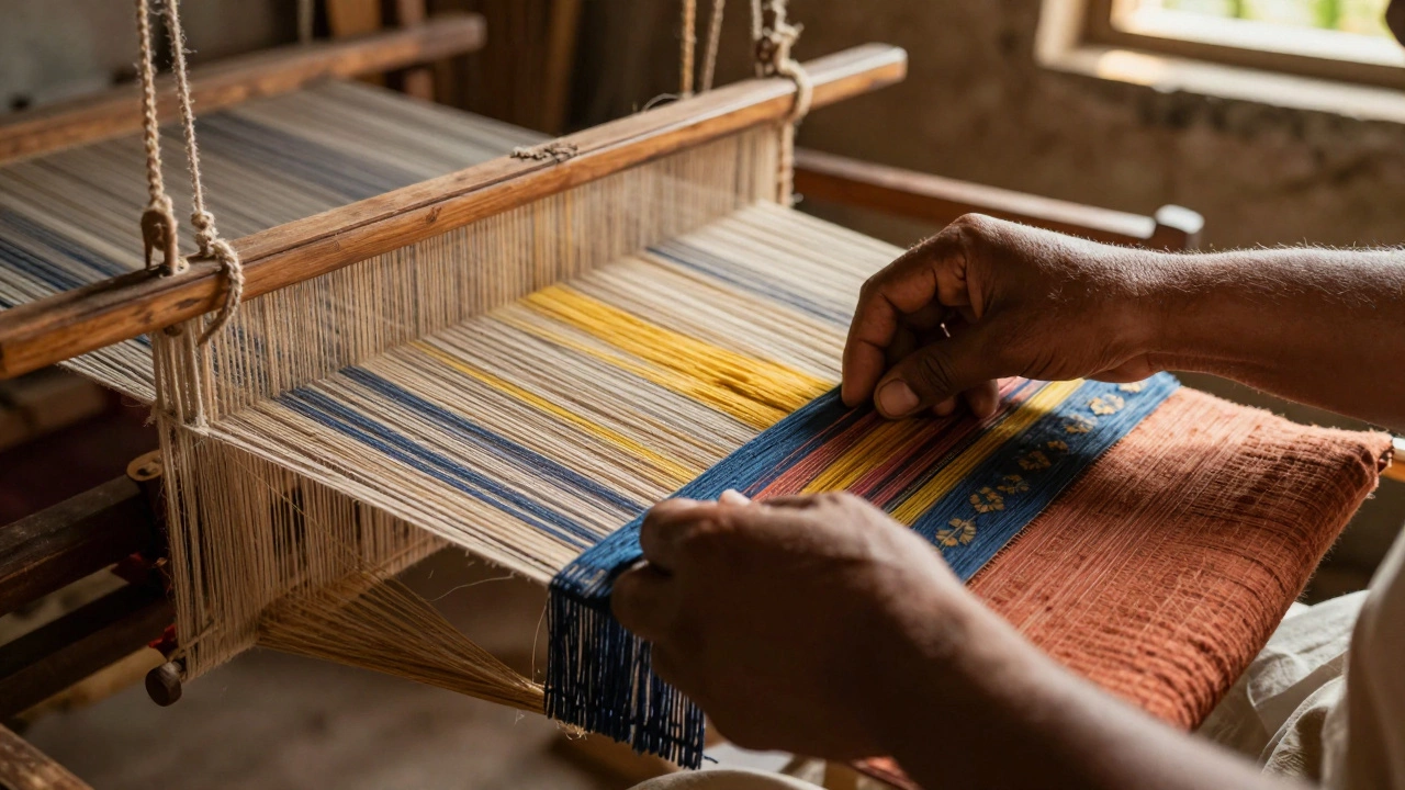 Close-up of an Indian artisan weaving organic cotton on a traditional hand-loom