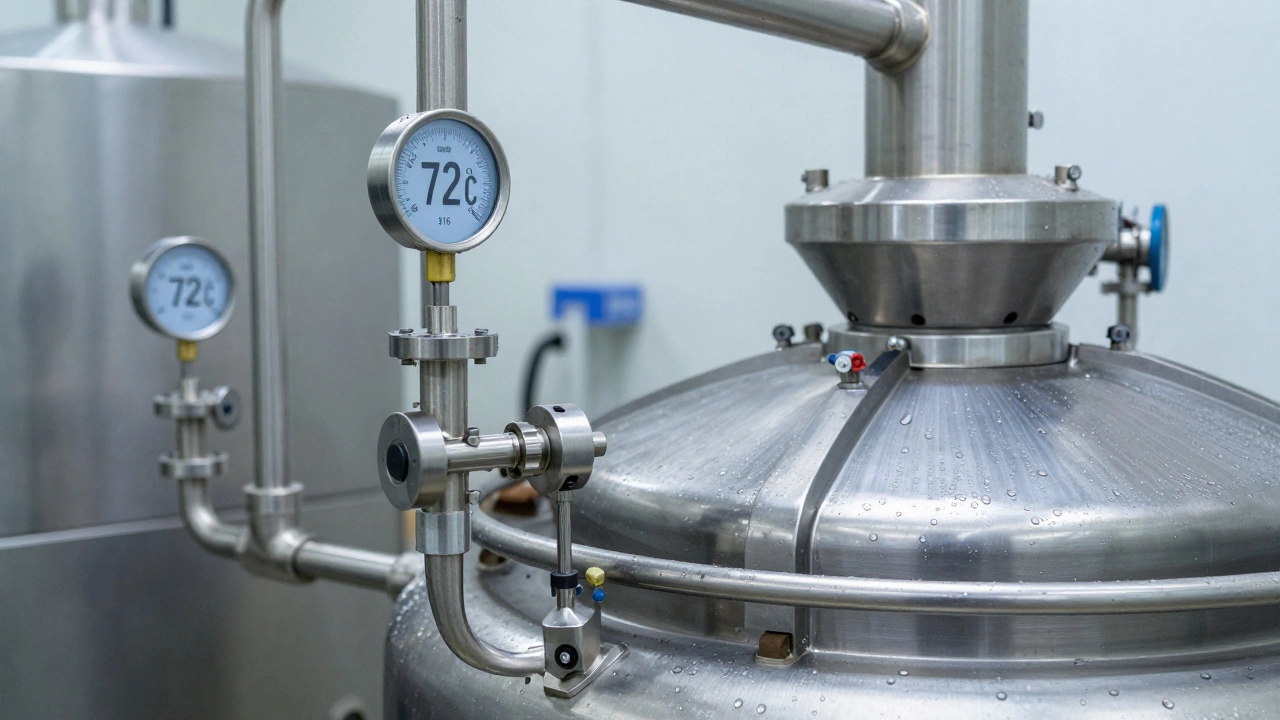 Close-up of stainless steel pasteurization pipes and a centrifuge in a sterile dairy processing unit.