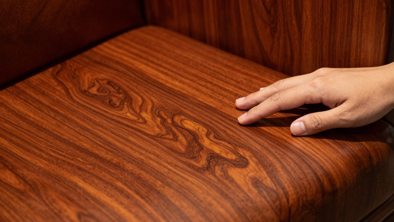 Close-up of the rich reddish-brown grain and texture of a handcrafted Sheesham wood sofa.