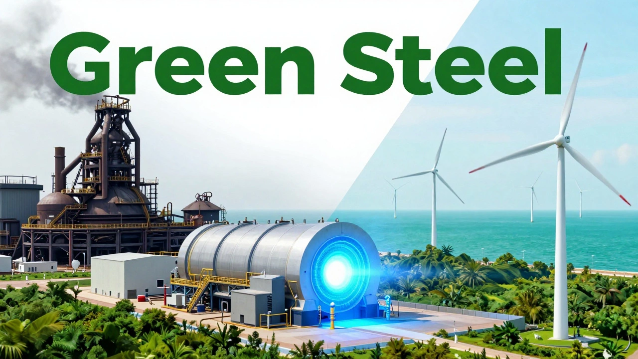 Futuristic green steel production facility with wind turbines and clean energy