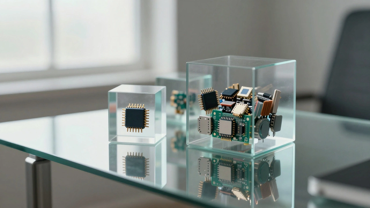 Glass cubes containing microchips representing direct stock and ETF investments.