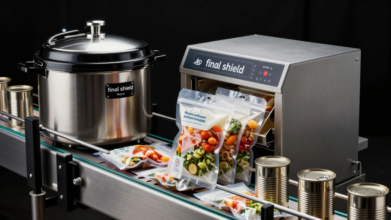 Industrial retort machine and MAP packaging line sealing food pouches and cans.