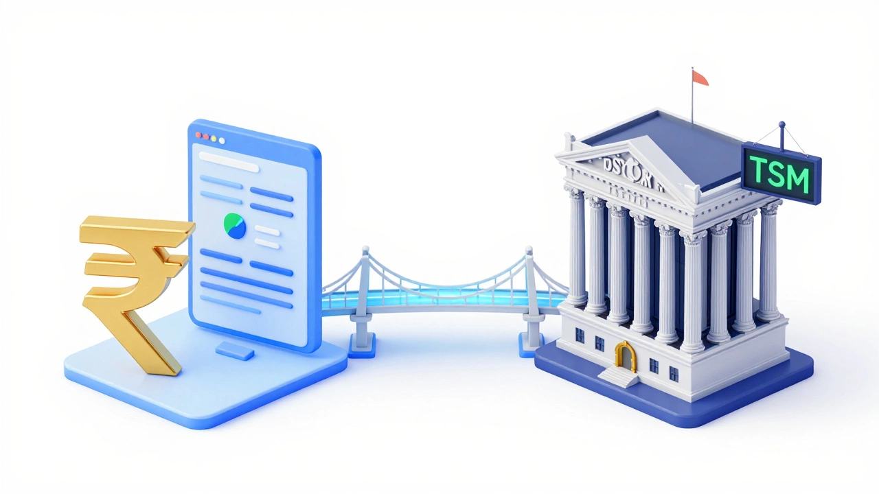 Isometric 3D diagram showing the investment path from India to the US stock market.