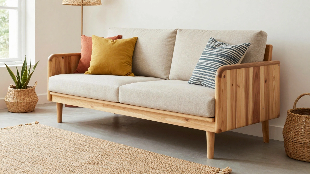 Modern Boho-style living room featuring a light-colored Mango wood sofa with curved legs.