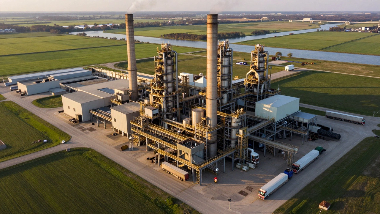 Aerial view of a large steel production facility in the American Midwest.