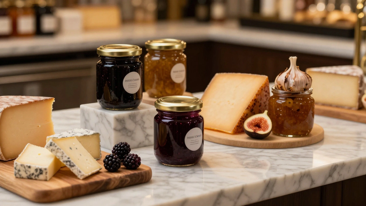 Artisanal fruit chutney jars displayed next to a cheese board in a gourmet market