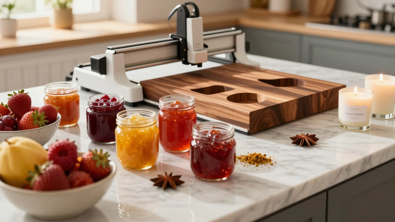 Artisanal jam jars, fresh fruit, and a CNC wood router in a bright kitchen studio.