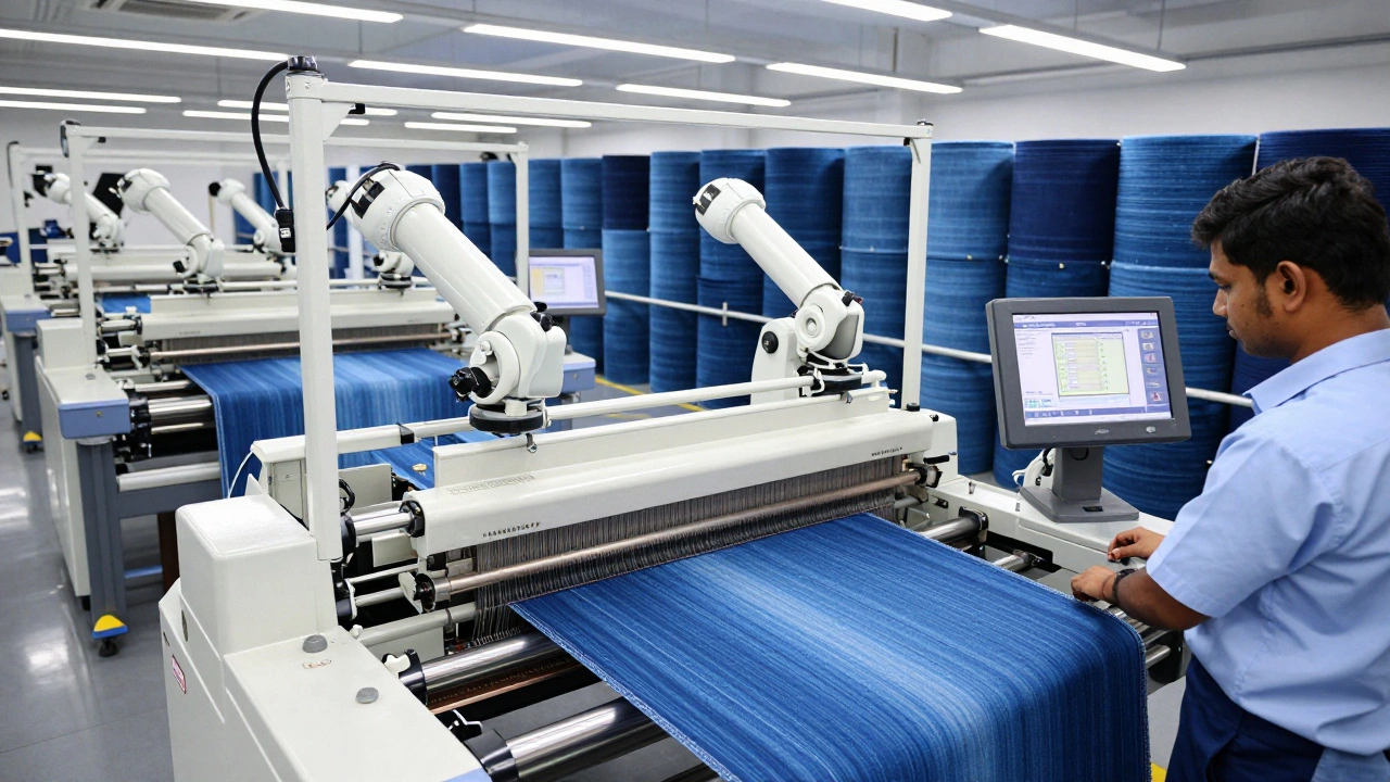 Automated looms weaving denim in a modern Indian textile factory