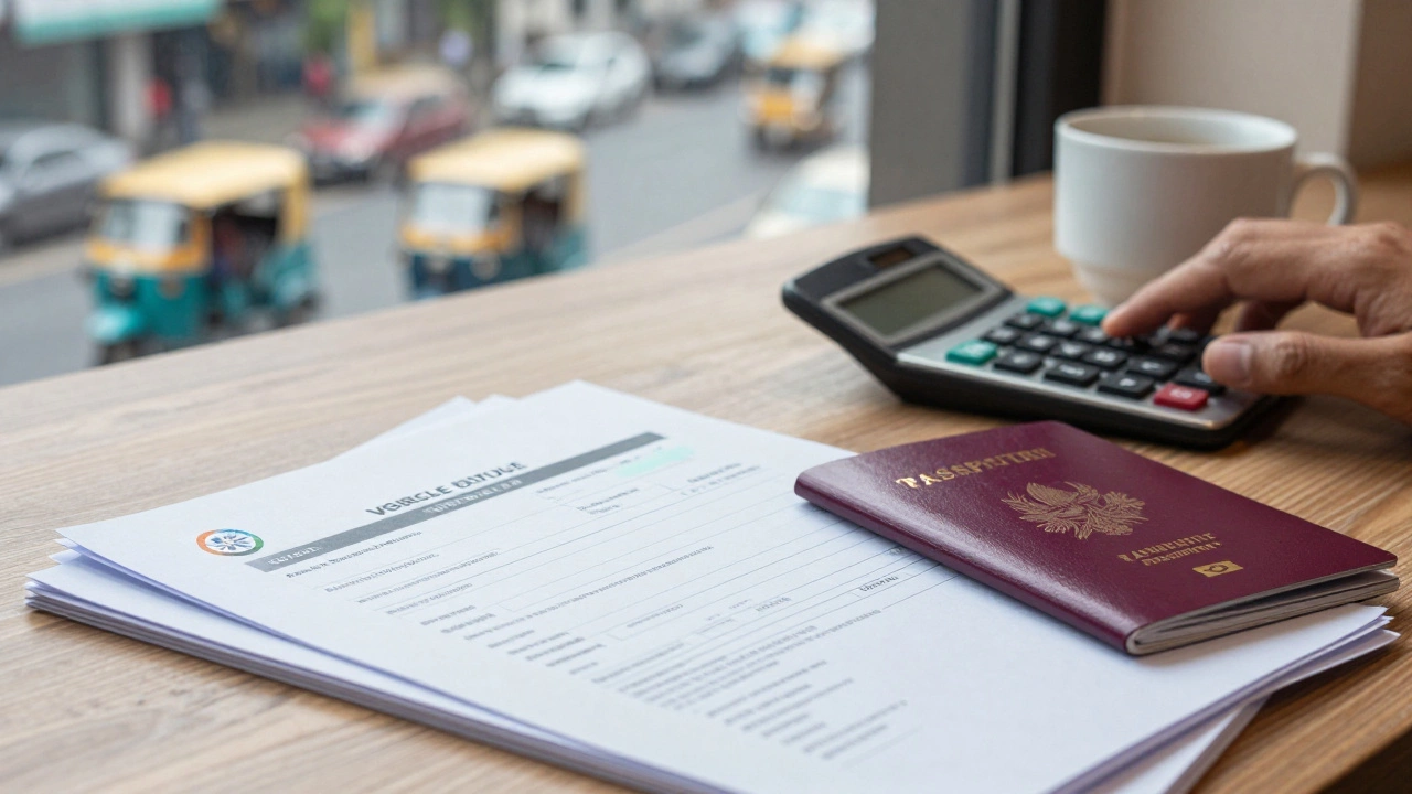 Car import documents and calculator on desk