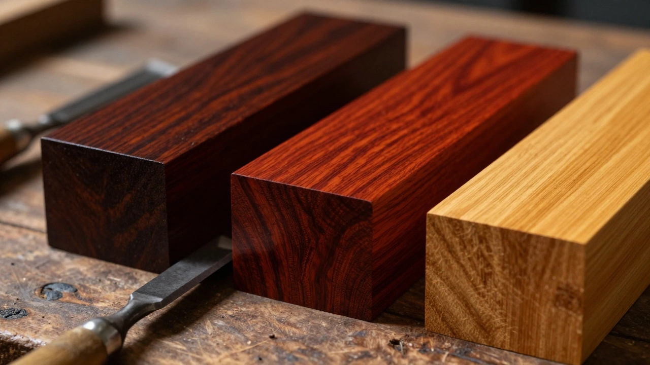 Close-up of Sal, Sheesham, and Teak wood blocks showing grain and hardness