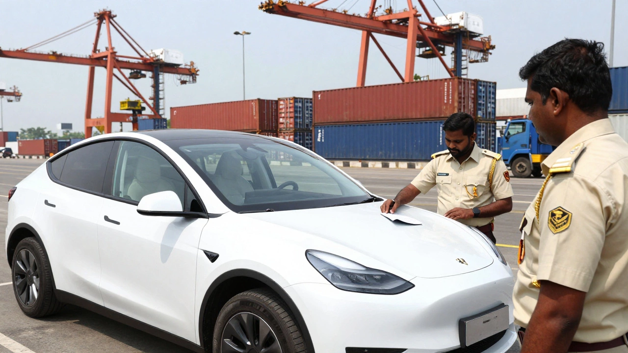 Customs officer inspecting imported car at port