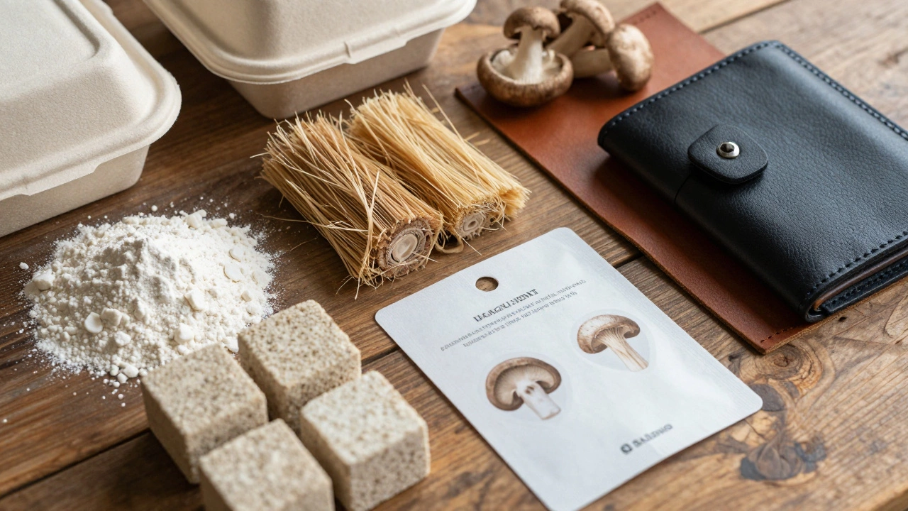 Eco-friendly raw materials like bagasse and reclaimed leather on a wooden table.
