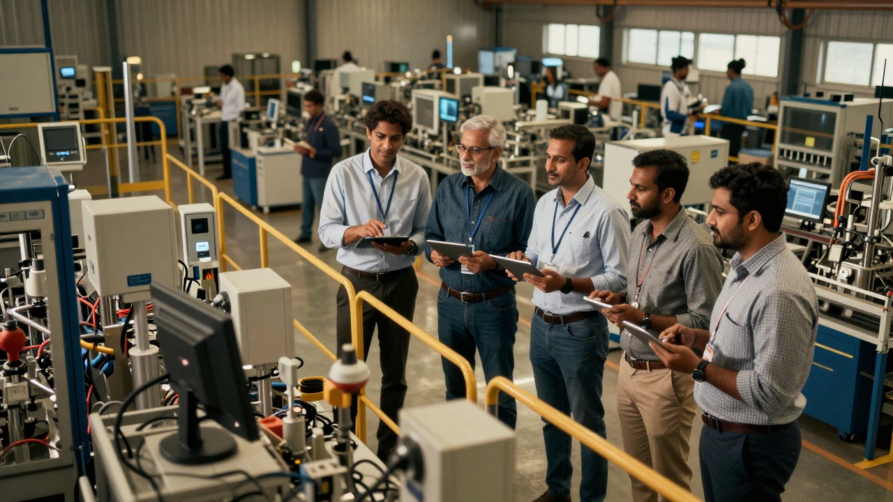 Engineers auditing production lines on a smart factory mezzanine