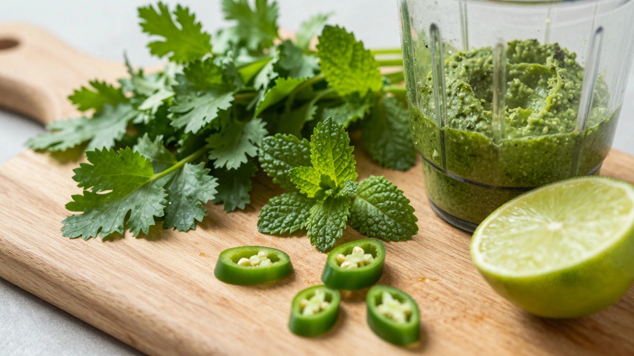 Fresh cilantro, mint, and chilies for making green chutney on a wooden board
