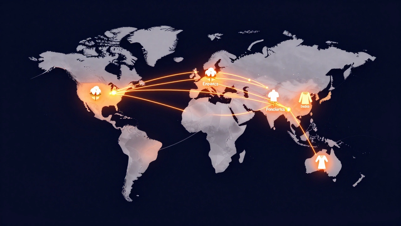 Glowing world map showing India's textile export connections