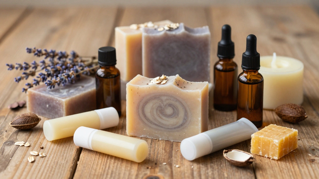 Handmade soaps and natural skincare products on wooden table