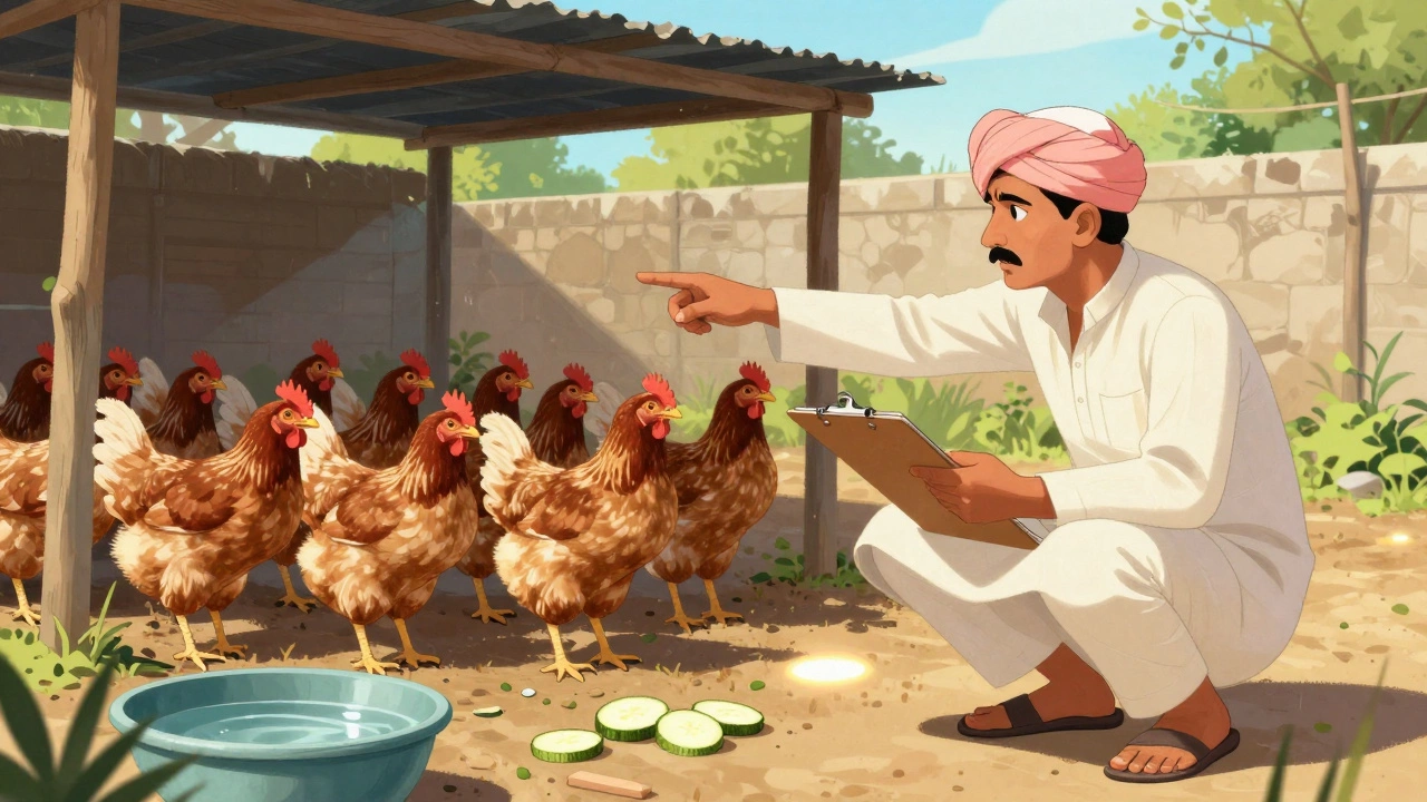 Indian farmer inspecting lethargic chickens in a sunny backyard coop