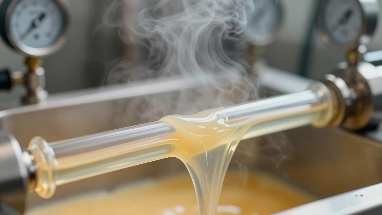 Milk flowing through heated pipes during pasteurization