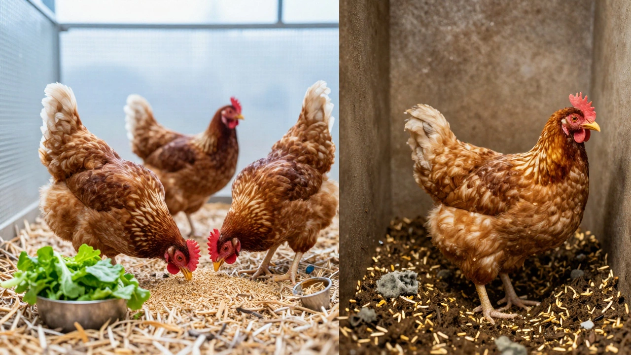 Split view comparing clean healthy coop conditions versus dirty sick ones