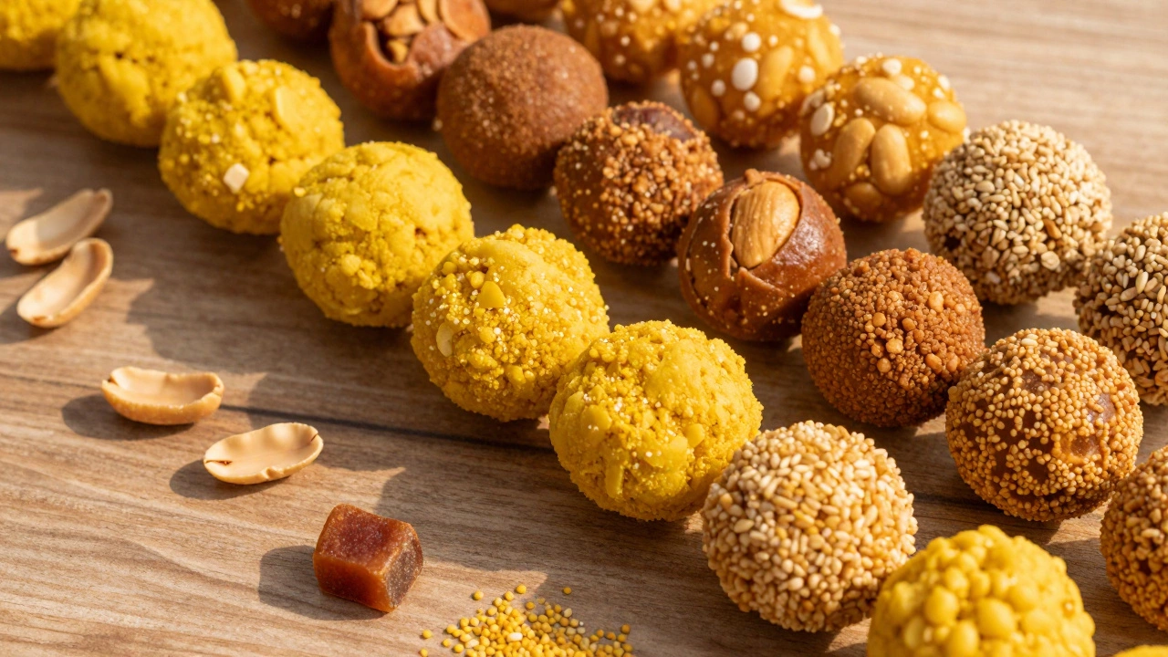 Assorted colorful Indian Ladoos on a wooden table