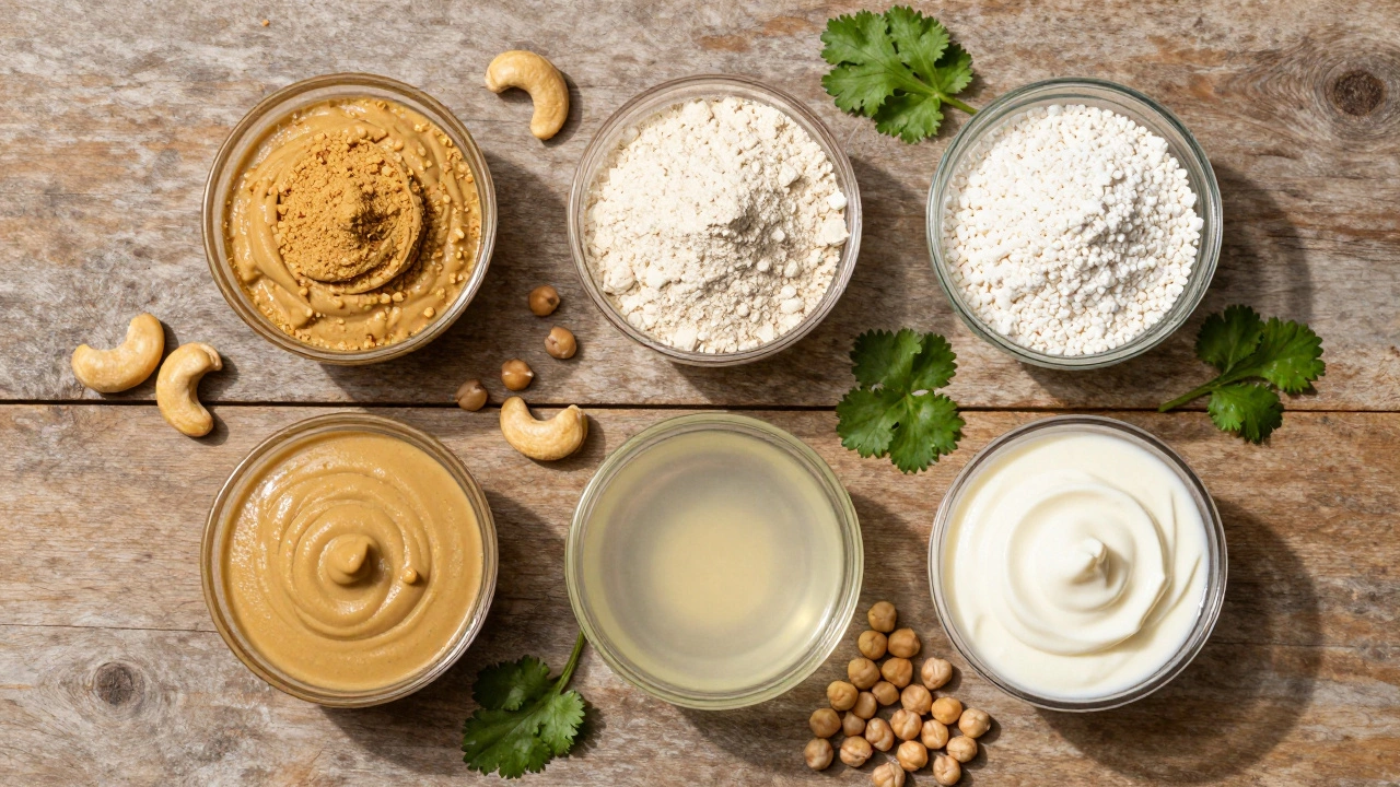 Bowls of cashew paste, chickpea flour, and cornstarch on wood