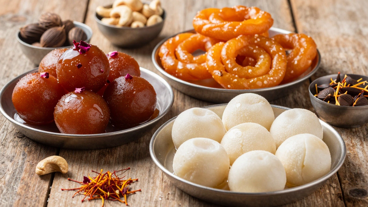 Close-up of diverse Indian desserts including Rasgulla, Kaju Katli, and Jalebi on wood.
