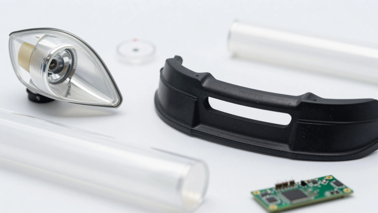 Close-up of diverse plastic parts including car lenses, bumpers, and electronics
