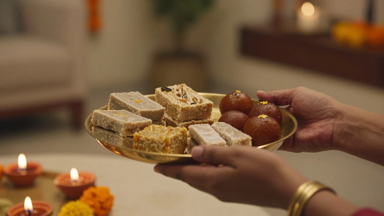 Hands offering a plate of assorted Indian mithai during a festive celebration.