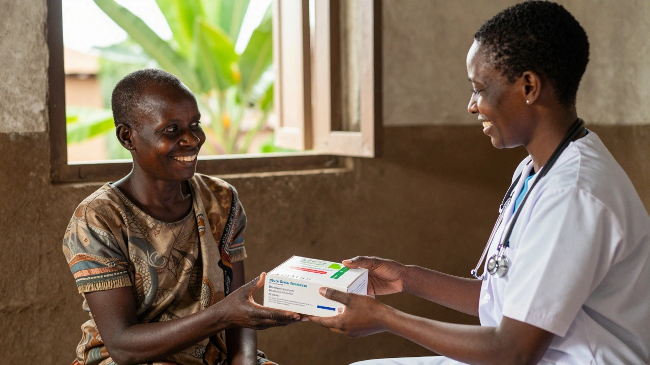 Healthcare worker handing affordable medicine to a patient in clinic