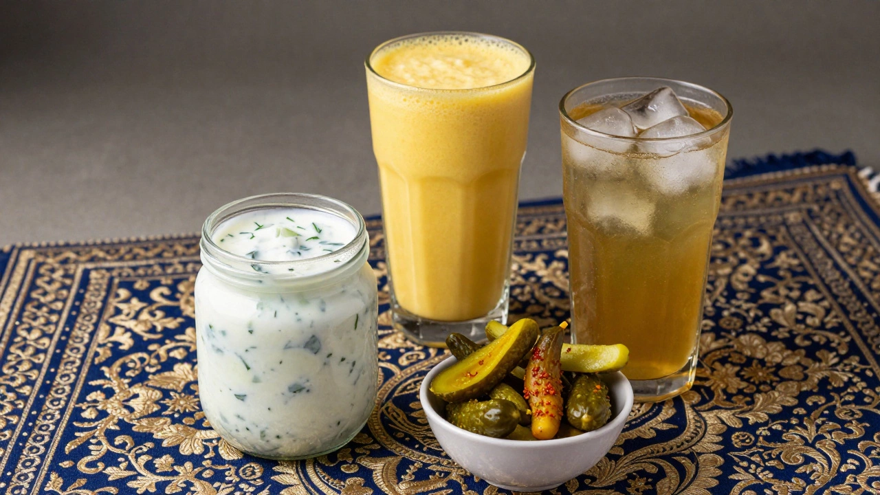 Indian sides like raita, pickles, and mango lassi drink