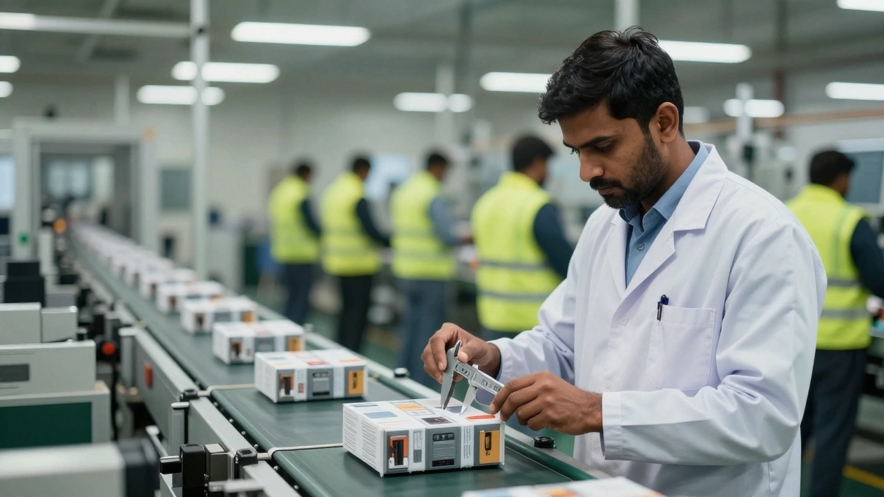 Inspector examining a single product unit on a factory conveyor belt